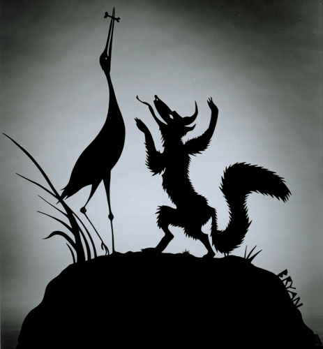 the fox and the crane - steel sculpture